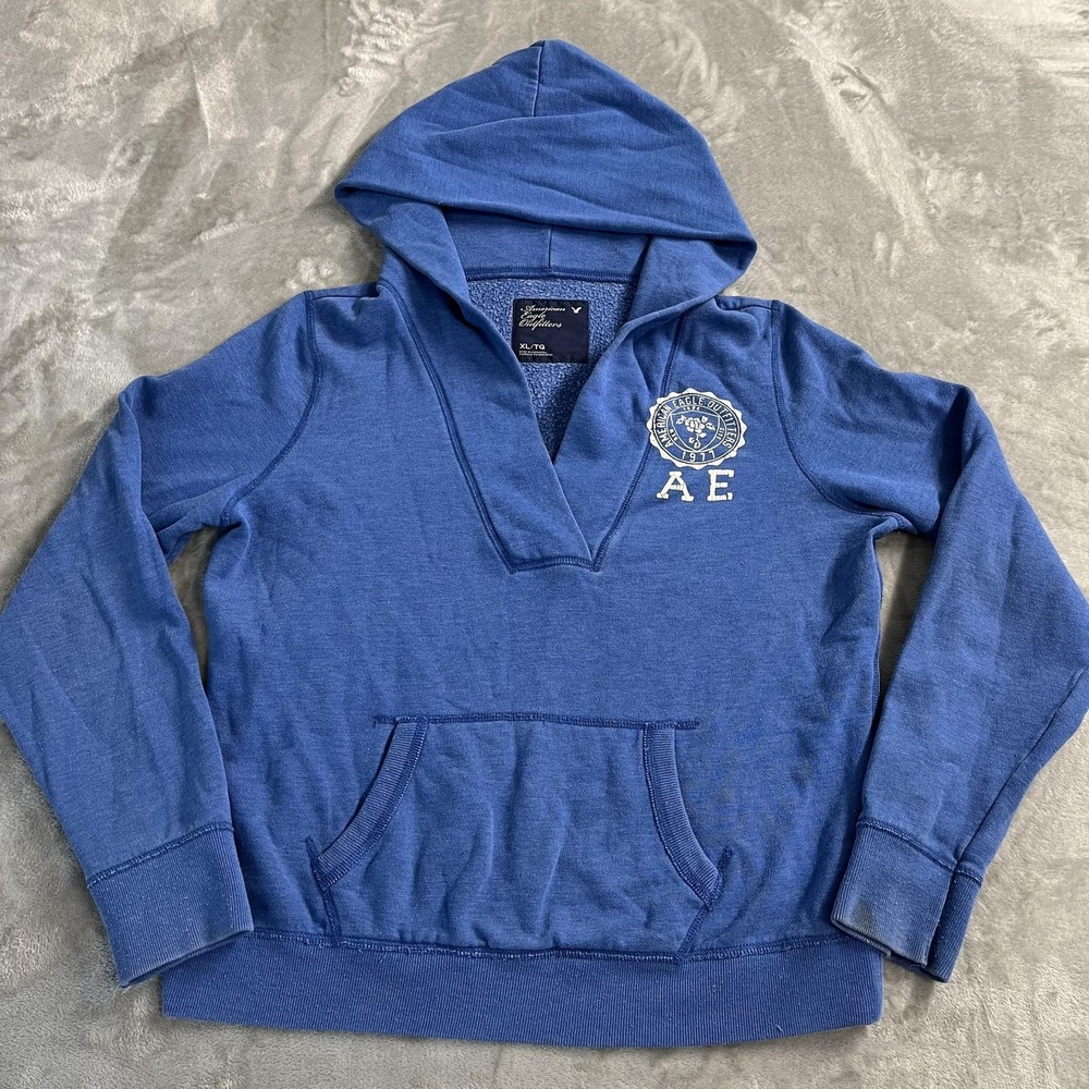 American Eagle Hoodie Womens XL Blue V Neck AE Logo Fleece Pullover Y2K